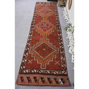 3.1x11.2 ft Vintage Herki Rug, Turkish Rug, <b>Red</b> Check <b>Wool</b> Rug - Product Image 1