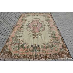 Vintage Rug 6x9.7 ft, <b>Brown</b> Pink Floral <b>Wool</b> Turkish Rug - Product Image 1