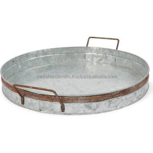 Galvanized Metal Farmhouse Rustic Large Round Decorative Serving <b>Tray</b> with Wood for Home <b>Office</b> Parties and Garden Decoration - Product Image 3