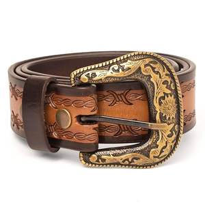 เข็มขัดหนังแท้สไตล์คาวบอยโบราณ ตกแต่งลายแกะสลักสีทอง หัวเข็มขัดโลหะผสมทนทาน ปรับความยาวได้เพื่อการใช้งานที่ยาวนาน - Product Image 1