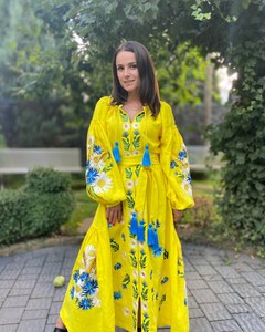Vestido bordado a máquina amarillo ucraniano de manga larga, vestidos florales bohemios, cuello redondo, vestido de borla para mujer - Product Image 6