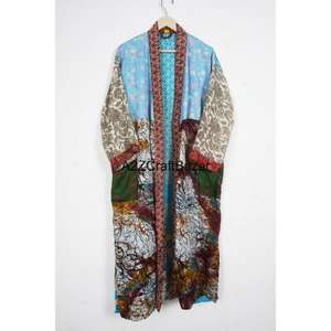 Robe d'été bohème en patchwork, 100% soie, respirante, douce, faite à la main, manches trois quarts, col en V, fermeture à cordon - Product Image 4