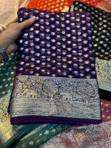 Sari indien ethnique en viscose et soie Georgette pour femme, lourd, pour soirée, avec broderie Zari fantaisie et sequins, en stock - Product Image 4