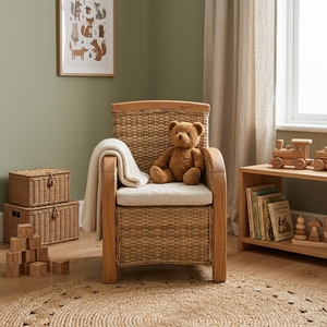 Silla Infantil de Madera de Teca Natural y Ratán Sintético, Muebles para Cuarto de Juegos, Asiento Infantil para Guardería, Sillón Miniatura en Forma de Caja - Product Image 2