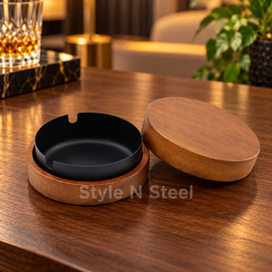 Cendrier rond en bois avec couvercle et insert en acier inoxydable, pour bureau, maison, bar - Product Image 2