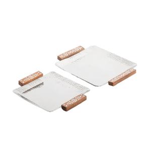 Plats faits à la main, plateau de service en chocolat, vaisselle aspect fantaisie, design martelé en forme de rectangle avec manche en bois - Product Image 1