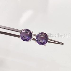 Pendientes de Plata de Ley 925 con Amatista Natural, Piedra de Nacimiento de Febrero, Regalo de San Valentín, Joyería Hecha a Mano - Product Image 6