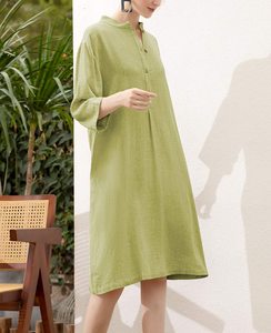 Robe courte droite à manches trois-quarts pour femmes, 100% coton, longueur aux genoux, mode d'été - Product Image 2