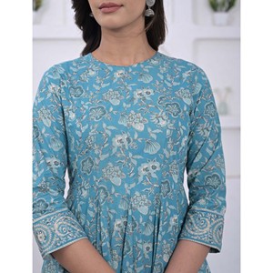 Blue Cotton Anarkali <b>Kurta</b> Pant Set Printed Pakistani Style Indian Ethnic Wear for <b>Women</b> for Party Wear - Product Image 2