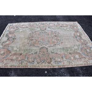 Tapis traditionnel en laine vert beige 5.9x8.7 pieds motif Aubusson classique Design turc vintage pour salon couloir Latex - Product Image 4
