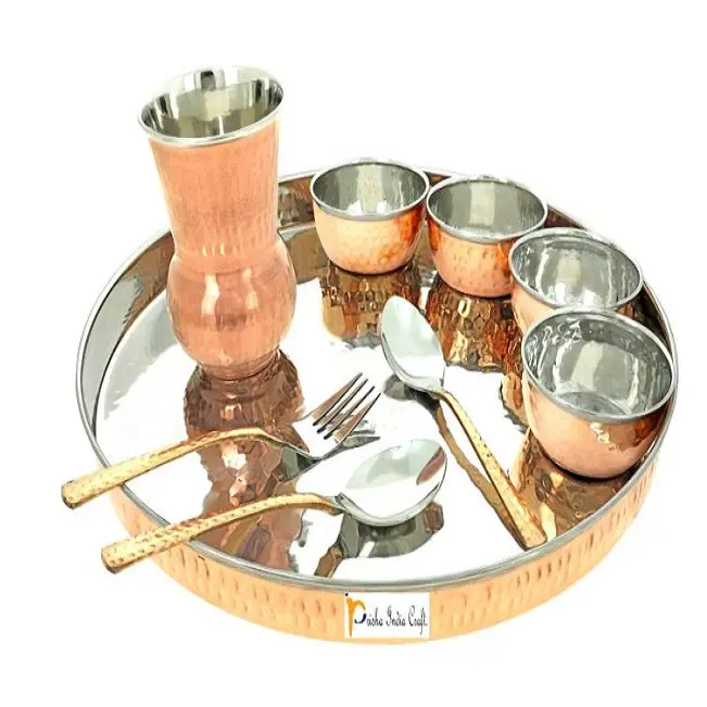 Set Thali tembaga baja tahan karat palu kualitas tinggi termasuk 3 mangkuk 1 Kaca 1 piring 1 piring makan 1 sendok peralatan restoran