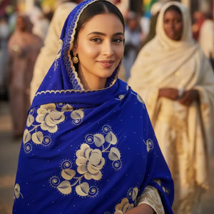 Chal de Algodón y Poliéster con Estampado Floral Azul, Ligero, Suave, Transpirable, con Pedrería y Bordado Dorado, Elegante y a la Moda - Product Image 1