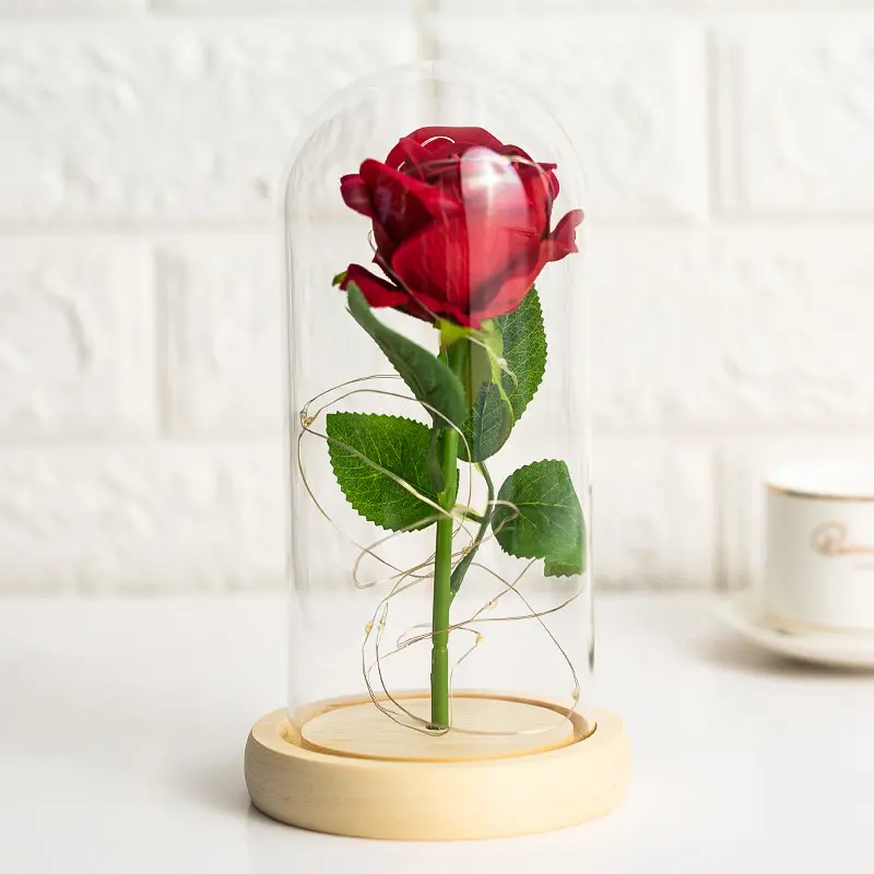Decoración del Día de la madre para el Día de San Valentín, rosa de seda roja romántica, cúpula de cristal, flor preservada