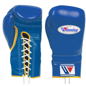 Gants de boxe à lacets Winning Bleu Or Cuir véritable de qualité supérieure Gants de boxe professionnels pour l'entraînement et la compétition 8oz - Product Image 1
