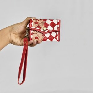 New Luxury Handmade Genuine Leather <b>Card</b> Holder Red White Checkered Embossing Vintage Button Closure Women Short <b>Wallet</b> - Product Image 2