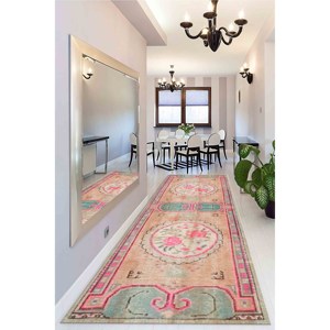 Alfombra Turca con Diseño de Rosas: Estilo Bohemio Vintage, Alfombra Oushak Verde, Alfombra de Chenilla - Product Image 5