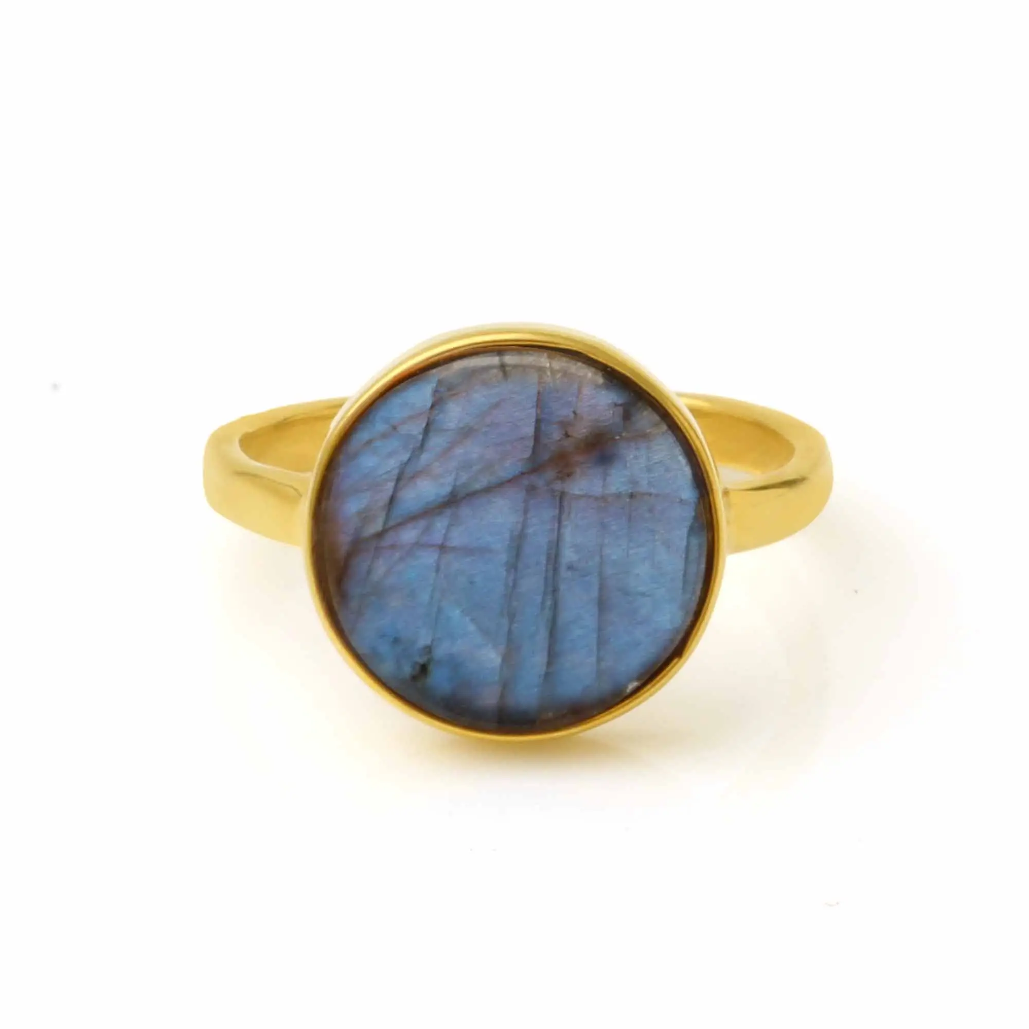 Plated Statement Ring Gold Fire Labradorite Round Shape Gemstone 925 Sterling Silver Newly Arrived Natural for Women & Girl Blue