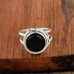 แหวนโอนิกซ์สีดำธรรมชาติ925สเตอร์ลิงเงินรอบหินลวดห่อแหวนคำสั่งเครื่องประดับเจ้าสาวหินสีดำของขวัญสำหรับเธอ - Product Image 3