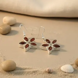 Pendentif/boucles d'oreilles en argent 925 avec fleur de cornaline, perle et diamant pour un cadeau de mariage pour femme, bijoux en pierres précieuses - Product Image 2