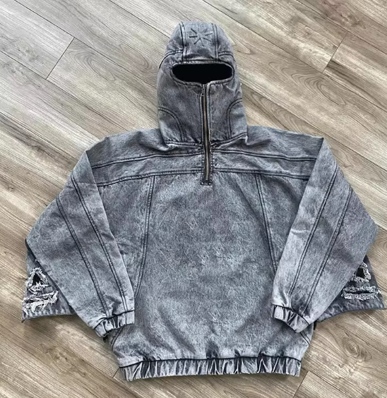 Sun Faded Vintage Acid Wash Boxy Fit Mask Full Zip Hoodie-High