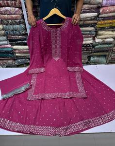 Conjunto étnico confeccionado pakistaní para mujer, conjunto de 3 piezas Sharara con tela Georgette India Dupatta, bordado, trabajo, boda - Product Image 6