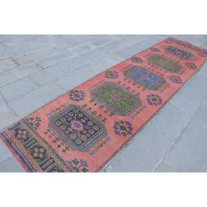 พรมวินเทจ ขนาด 2.9x11.7 ฟุต สีแดงน้ำเงิน ลายพิมพ์นามธรรม พรมขนสัตว์ตุรกี - Product Image 3