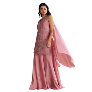 Rosa crêpe ricamato Kurta Palazzo completo con rete girocollo Dupatta all'ingrosso donna abbigliamento etnico OEM abbigliamento abito personalizzato - Product Image 2