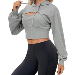 Women Gray Cropped Hoodie With Cutout Detail Long Sleeve <b>Drop</b> Shoulder Sweatshirt Solid Color Knitted Breathable Autumn Wear - Product Image 2