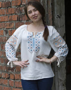 Best Selling Designer Ukrainian White <b>Blouse</b> With Blue Embroidery Birds <b>Long</b> Dress Decorated With Tussles - Product Image 1