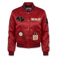 Blouson bomber court en satin pour femme, rouge vif et noir, avec patch brodé chenille bateau pirate, logo personnalisé OEM