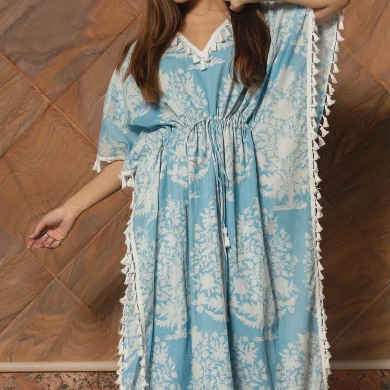 New Arrival Handmade Floral Peony White Cotton Hand Block Vintage A-Line  Mini Natural Waistline Kaftan Dress for Women| Alibaba.com