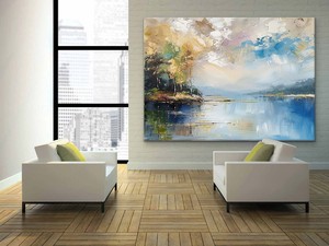 Peinture murale abstraite sur toile bleue et dorée, peinture à l'huile sur toile peinte à la main, art contemporain pour décoration intérieure, sans cadre - Product Image 2