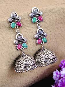 Direct du fournisseur indien Meilleures ventes Boucles d'oreilles Jhumka en argent oxydé avec pierres géométriques roses de haute qualité pour femmes - Product Image 6