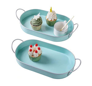 ถาดเสิร์ฟทรงไข่ทำด้วยมือทำจากโลหะชุบสังกะสีฟ้าฟ้าพร้อมที่จับชุด2ชิ้นสำหรับเครื่องดื่มในบ้านโรงแรมและของว่างถาดเสิร์ฟ - Product Image 2
