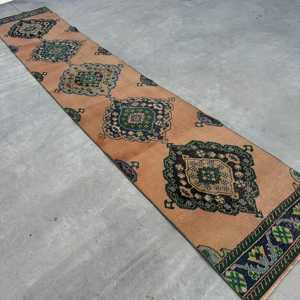 2.3x11.8 ft Vintage Runner Rug, <b>Brown</b> Blue Turkish Polka dot <b>Wool</b> Rug - Product Image 2