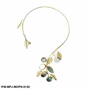 Gold <b>Leaf</b> Choker Necklace with Mother of Pearl Shell Botanical Open Collar Torque Necklace Nature Inspired <b>Jewelry</b> for Women - Product Image 5