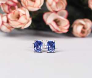 Boucles d'oreilles clous en argent sterling plaqué or avec tanzanite de forme octogonale pour femmes, bijoux de mariage, de naissance, d'anniversaire - Product Image 2