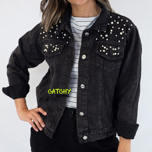 Chaquetas vaqueras de manga larga para mujer de estilo Vintage de alta calidad, abrigo informal azul de talla grande con logotipo bordado, Tops vaqueros cortos - Product Image 6