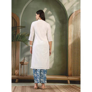 Kurta y Palazzos de Algodón Puro para Mujer con Cuello Mandarín, Diseño Propio, Corte Recto, Mangas Tres Cuartos para Primavera/Verano - Product Image 3