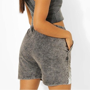 กางเกงขาสั้นผ้าฝ้ายระบายอากาศเอวสูงของผู้หญิงซักด้วยกรดจากฝรั่งเศสผ้าผลซักได้กำหนดโลโก้ได้อย่างรวดเร็ว - Product Image 3