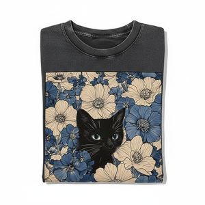 Camiseta Gris Vintage con Lavado Ácido para Hombre, Diseño Artístico de Gato en las Flores, Talla Grande, Algodón Grueso de Secado Rápido, Logotipo Personalizado OEM - Product Image 6