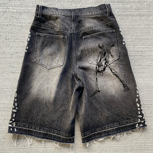 Short en jean pour homme Taille plus Baggy personnalisé Perlé Déchiré Catwhiskers Short en jean pour homme - Product Image 3