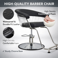 Chaise de coiffeur moderne noire avec dossier en fil métallique et base ronde pour salon de coiffure et mobilier de beauté
