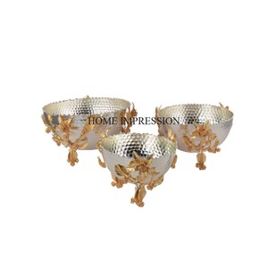 Cuencos de Metal de Alta Calidad con Textura Martillada, Chapados en Oro, Forma Redonda, Diseño de Flores y Hojas, de la India - Product Image 4