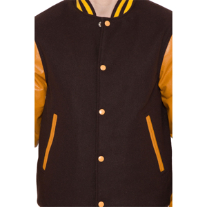 Custom varsity jacket brown and <b>yellow</b> letterman coat <b>wool</b> body leather sleeves baseball style bomber jacket casual wear printed - Product Image 6