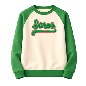 Ivory 08 Soror Raglan Sleeve Crewneck Sweatshirt Greek Sorority Womens Pink & Green College Sisterhood Stylish Casual Apparel - Product Image 3