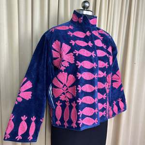 Boho Chic Retro Chic Free Size Robe Hand Embroidered Blue Floral Velvet Suzani <b>Jacket</b> Open Front Winter Coat with Long Length - Product Image 5