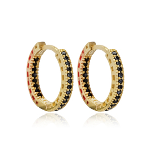 Boucles d'oreilles créoles élégantes en argent sterling 925 plaqué or avec zircon noir 15 mm et émail rouge pour soirée - Product Image 2