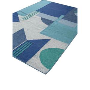 พรมขนสัตว์ทอลายตารางสีน้ำเงิน ทำด้วยมือ รูปทรงสี่เหลี่ยมผืนผ้าขนาดใหญ่ ลายแบบนามธรรม สำหรับห้องนอนและห้องนั่งเล่น ADWL-13094 - Product Image 2