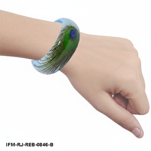 Handmade Light Blue Resin Bangle <b>Bracelet</b> with Peacock <b>Feather</b> Design Wide Chunky Statement Jewelry for Women - Product Image 3